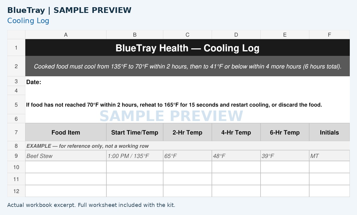 Watermarked excerpt of the BlueTray Cooling log worksheet