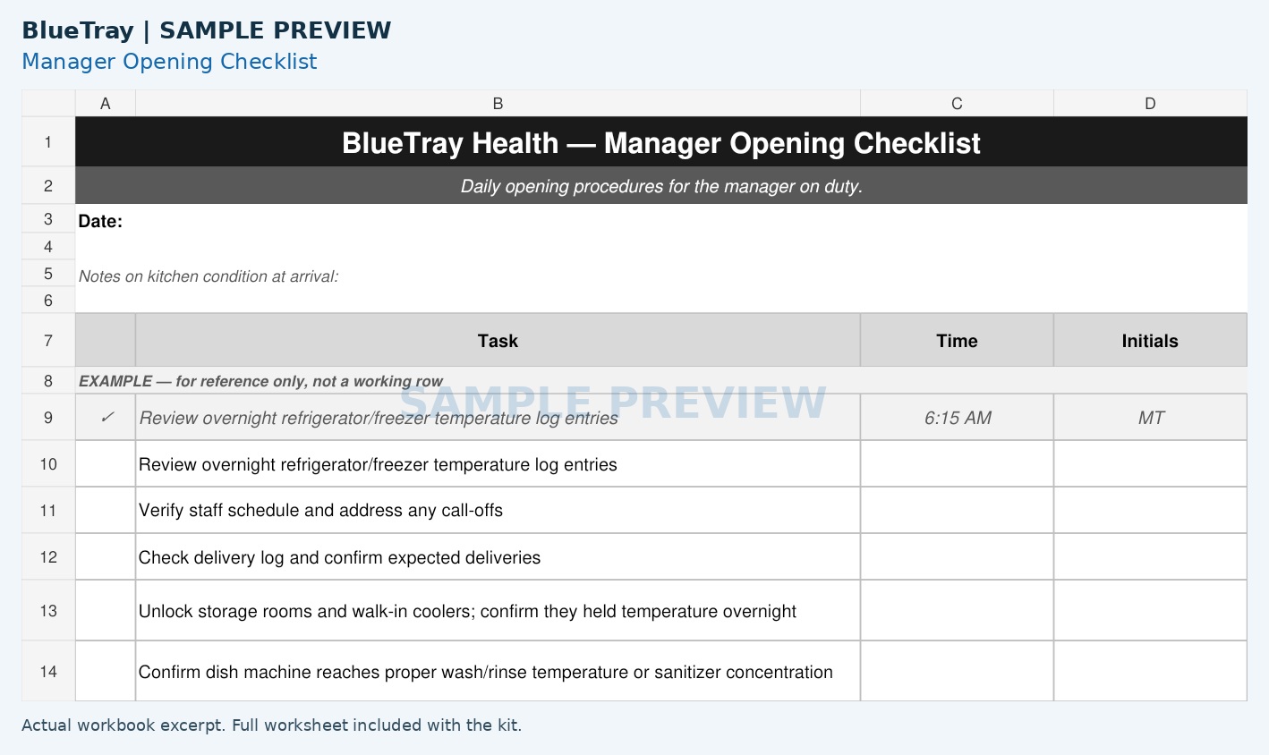 Watermarked excerpt of the BlueTray Manager opening checklist worksheet