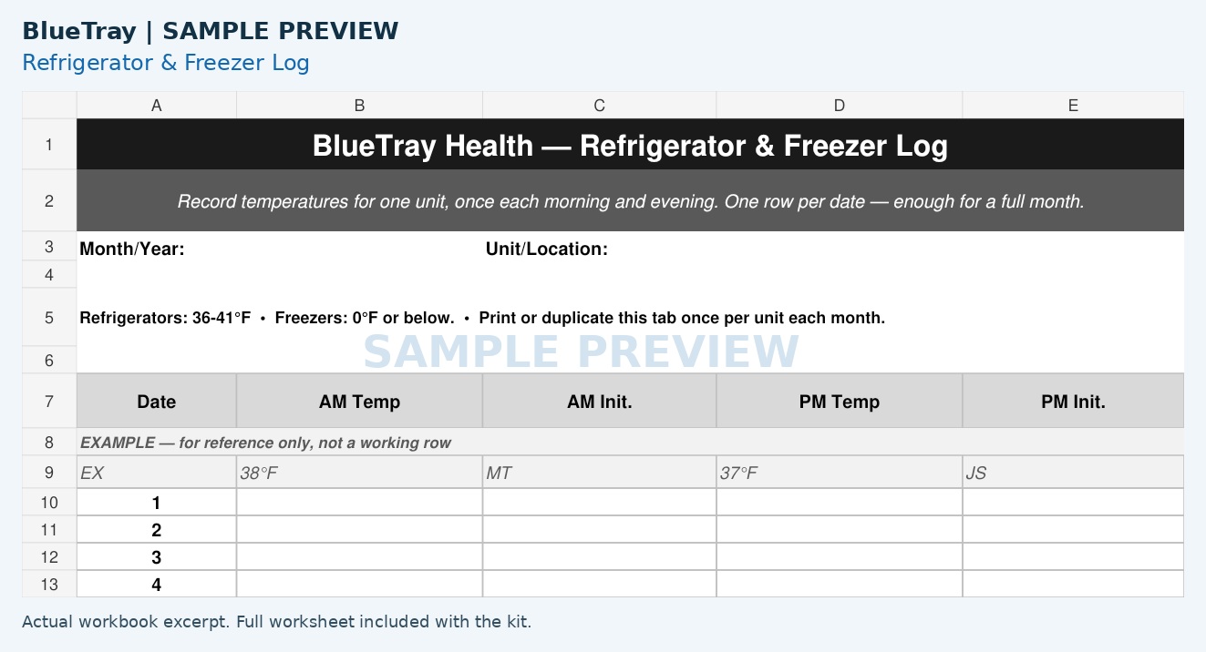 Watermarked excerpt of the BlueTray Refrigerator & freezer log worksheet
